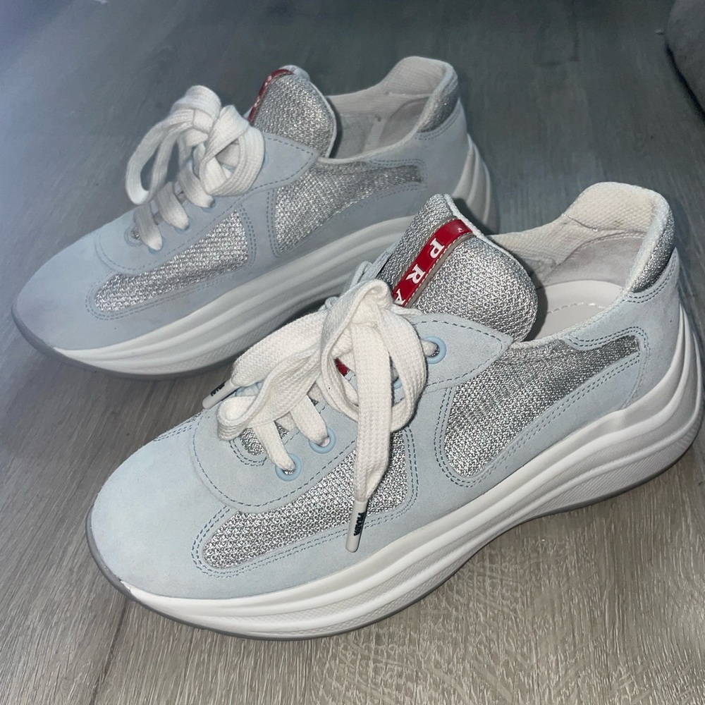 Prada baby blue Suede America’s Cup Sneaker size 35 1/2